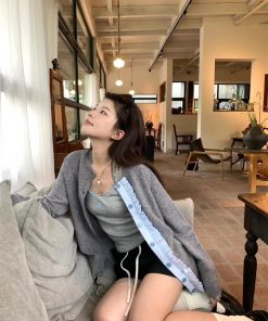 Gray Knitted Cardigan with Patchwork Cut-Outs - Korean Style Pumpkin-Inspired Early Autumn Wool Top