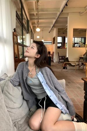 Gray Knitted Cardigan with Patchwork Cut-Outs - Korean Style Pumpkin-Inspired Early Autumn Wool Top