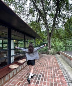 Gray Knitted Cardigan with Patchwork Cut-Outs - Korean Style Pumpkin-Inspired Early Autumn Wool Top