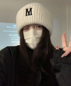 Gray Knitted Winter Hat for Women with Ear Protection, Korean Style 2025, Face-Slimming Design for Cold Weather