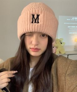 Gray Knitted Winter Hat for Women with Ear Protection, Korean Style 2025, Face-Slimming Design for Cold Weather