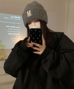 Gray Knitted Winter Hat for Women with Ear Protection, Korean Style 2025, Face-Slimming Design for Cold Weather