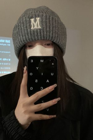 Gray Knitted Winter Hat for Women with Ear Protection, Korean Style 2025, Face-Slimming Design for Cold Weather