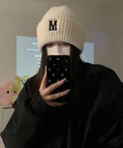 Gray Knitted Winter Hat for Women with Ear Protection, Korean Style 2025, Face-Slimming Design for Cold Weather