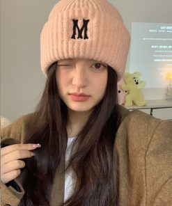 Gray Knitted Winter Hat for Women with Ear Protection, Korean Style 2025, Face-Slimming Design for Cold Weather