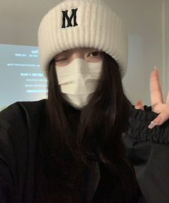 Gray Knitted Winter Hat for Women with Ear Protection, Korean Style 2025, Face-Slimming Design for Cold Weather