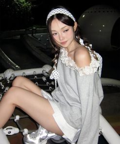 Gray Lace Off-the-Shoulder Two-Way Top - Loose Autumn Sweatshirt for Women, Trendy Gray Fashion Essential, Y2K Style