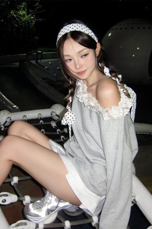 Gray Lace Off-the-Shoulder Two-Way Top - Loose Autumn Sweatshirt for Women, Trendy Gray Fashion Essential, Y2K Style