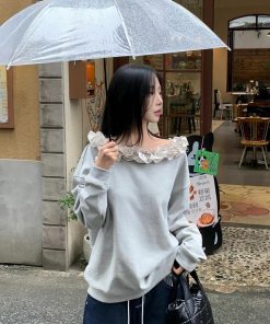 Gray Lace Off-the-Shoulder Two-Way Top - Loose Autumn Sweatshirt for Women, Trendy Gray Fashion Essential, Y2K Style