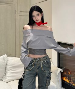 Gray One-Shoulder Long Sleeve Top with Leather Waist-Cinching Slim Fit - Autumn Fashion T-Shirt for Women
