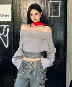 Gray One-Shoulder Long Sleeve Top with Leather Waist-Cinching Slim Fit - Autumn Fashion T-Shirt for Women
