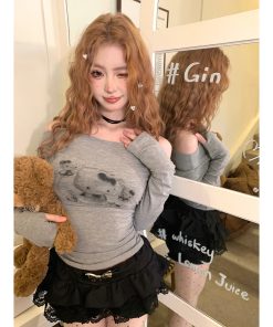 Gray One-Shoulder Slim Fit Long Sleeve T-Shirt with Cat Star Girl Design - Sexy Spring Summer Top for Y2K and Korean Style Fashion