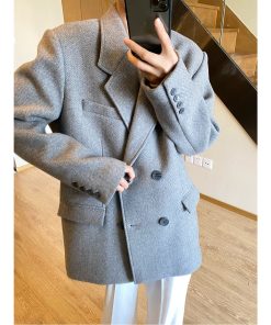 Gray Oversized Double-Breasted Woolen Suit Jacket with Vintage Thick Design for Winter Fashion