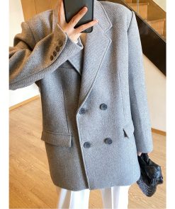 Gray Oversized Double-Breasted Woolen Suit Jacket with Vintage Thick Design for Winter Fashion