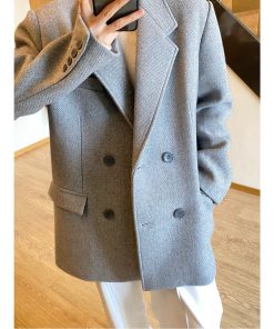 Gray Oversized Double-Breasted Woolen Suit Jacket with Vintage Thick Design for Winter Fashion