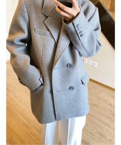 Gray Oversized Double-Breasted Woolen Suit Jacket with Vintage Thick Design for Winter Fashion