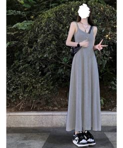 Gray Padded Strap Bodycon Dress for Women - French-Style Waist-Cinching Elegant Long Dress for Summer Fashion