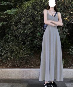 Gray Padded Strap Bodycon Dress for Women - French-Style Waist-Cinching Elegant Long Dress for Summer Fashion