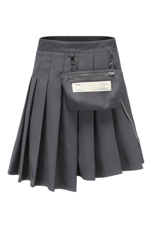 Gray Pleated Skirt with Detachable Pocket - Trendy Roaring Beast Design for 90s Inspired and Y2K Fashion