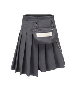 Gray Pleated Skirt with Detachable Pocket - Trendy Roaring Beast Design for 90s Inspired and Y2K Fashion
