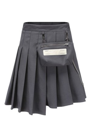 Gray Pleated Skirt with Detachable Pocket - Trendy Roaring Beast Design for 90s Inspired and Y2K Fashion