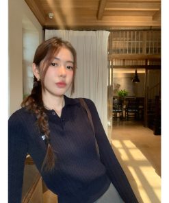 Gray Polo Collar Twisted Knit Sweater for Women, Long Sleeve Embroidered Spring Design, Stylish Short Sweater for Casual Wear