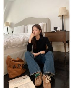 Gray Polo Collar Twisted Knit Sweater for Women, Long Sleeve Embroidered Spring Design, Stylish Short Sweater for Casual Wear