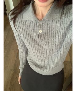 Gray Polo Collar Twisted Knit Sweater for Women, Long Sleeve Embroidered Spring Design, Stylish Short Sweater for Casual Wear