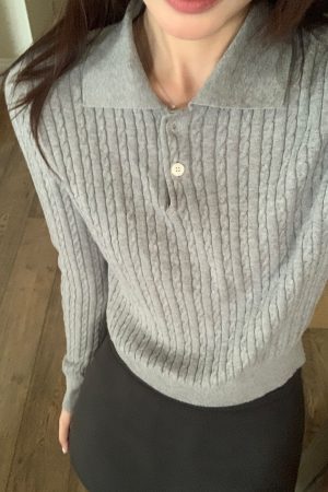 Gray Polo Collar Twisted Knit Sweater for Women, Long Sleeve Embroidered Spring Design, Stylish Short Sweater for Casual Wear