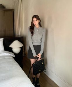 Gray Polo Collar Twisted Knit Sweater for Women, Long Sleeve Embroidered Spring Design, Stylish Short Sweater for Casual Wear