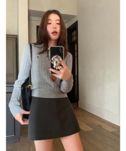 Gray Polo Collar Twisted Knit Sweater for Women, Long Sleeve Embroidered Spring Design, Stylish Short Sweater for Casual Wear