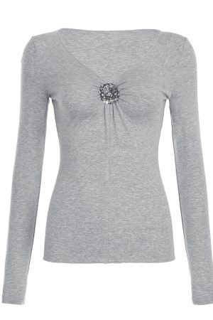 Gray Retro Floral V-Neck Long Sleeve T-Shirt - Slim Fit Base Layer for Spring 2025, Y2K Style Fashion Top