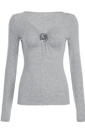 Gray Retro Floral V-Neck Long Sleeve T-Shirt - Slim Fit Base Layer for Spring 2025, Y2K Style Fashion Top