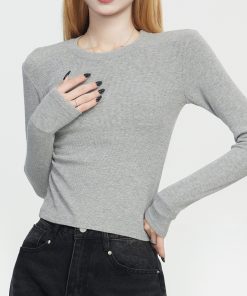 Gray Round Neck Cotton Long Sleeve Base Shirt for Women, Slim Fit 2025 Spring Autumn Style