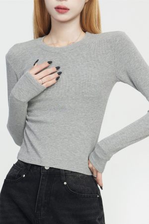 Gray Round Neck Cotton Long Sleeve Base Shirt for Women, Slim Fit 2025 Spring Autumn Style