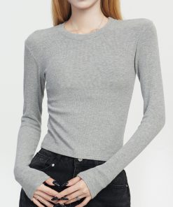 Gray Round Neck Cotton Long Sleeve Base Shirt for Women, Slim Fit 2025 Spring Autumn Style