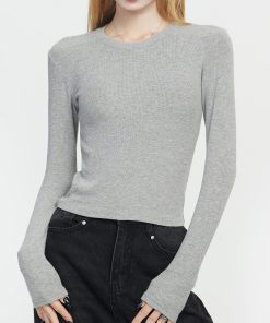 Gray Round Neck Cotton Long Sleeve Base Shirt for Women, Slim Fit 2025 Spring Autumn Style