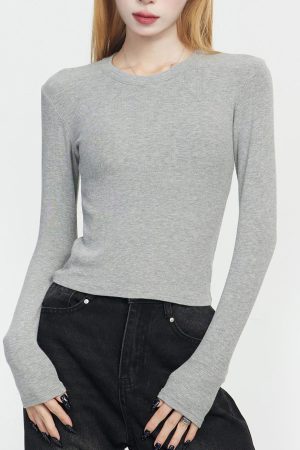 Gray Round Neck Cotton Long Sleeve Base Shirt for Women, Slim Fit 2025 Spring Autumn Style