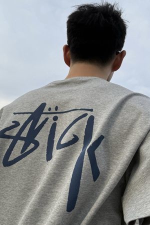 Gray Short Sleeve Back Letter Print T-Shirt for Men - Summer Casual Loose Fit, Versatile 90s American Style Fashion