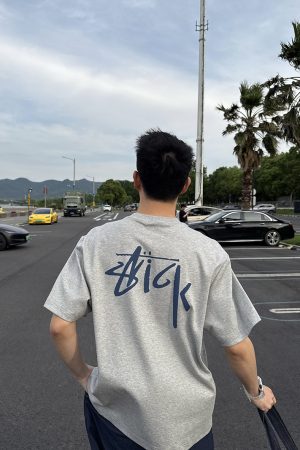 Gray Short Sleeve Back Letter Print T-Shirt for Men - Summer Casual Loose Fit, Versatile 90s American Style Fashion