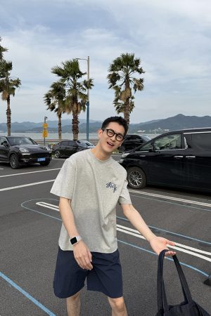 Gray Short Sleeve Back Letter Print T-Shirt for Men - Summer Casual Loose Fit, Versatile 90s American Style Fashion