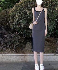 Gray Sleeveless Bodycon Dress with Side Slit - Mid-Length, Sweet and Spicy Vibe, Perfect for Summer Events, Y2K Style
