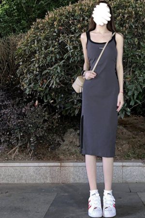 Gray Sleeveless Bodycon Dress with Side Slit - Mid-Length, Sweet and Spicy Vibe, Perfect for Summer Events, Y2K Style