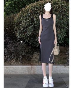 Gray Sleeveless Bodycon Dress with Side Slit - Mid-Length, Sweet and Spicy Vibe, Perfect for Summer Events, Y2K Style