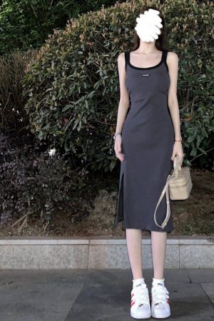 Gray Sleeveless Bodycon Dress with Side Slit - Mid-Length, Sweet and Spicy Vibe, Perfect for Summer Events, Y2K Style