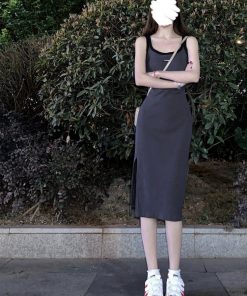 Gray Sleeveless Bodycon Dress with Side Slit - Mid-Length, Sweet and Spicy Vibe, Perfect for Summer Events, Y2K Style