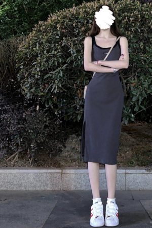 Gray Sleeveless Bodycon Dress with Side Slit - Mid-Length, Sweet and Spicy Vibe, Perfect for Summer Events, Y2K Style