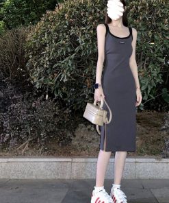 Gray Sleeveless Bodycon Dress with Side Slit - Mid-Length, Sweet and Spicy Vibe, Perfect for Summer Events, Y2K Style