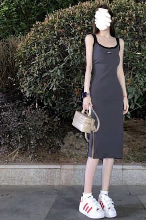 Gray Sleeveless Bodycon Dress with Side Slit - Mid-Length, Sweet and Spicy Vibe, Perfect for Summer Events, Y2K Style