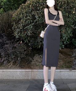 Gray Sleeveless Bodycon Dress with Side Slit - Mid-Length, Sweet and Spicy Vibe, Perfect for Summer Events, Y2K Style